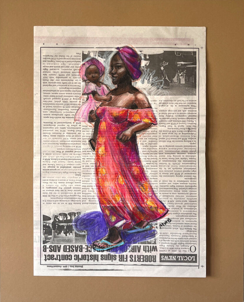Aus der Serie "Her Power, her Story": Eine Westafrikanerin in wehendem Kleid trägt stolz ihr in zartes Rosa gekleidetes Kind auf dem Arm