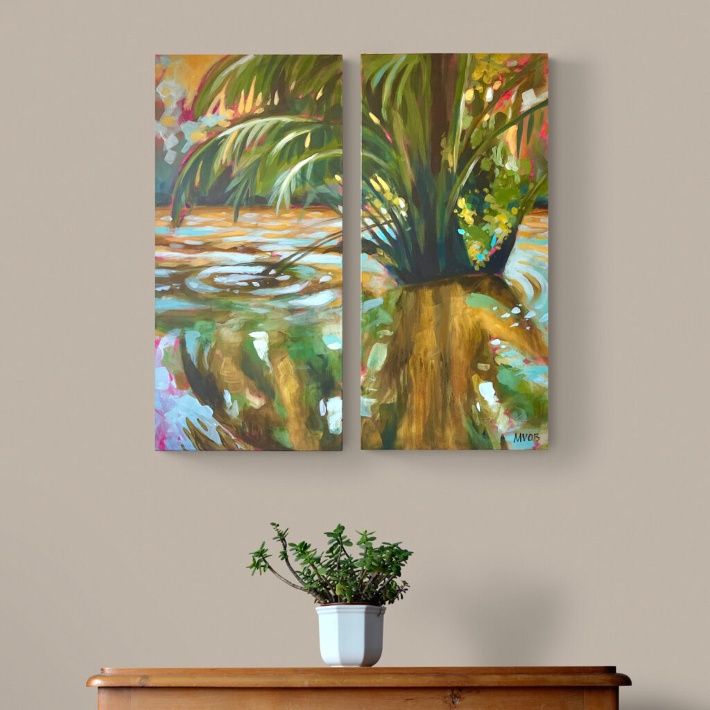 Ein Mockup des Diptychons Moa River in einem wohnlichen Umfeld.